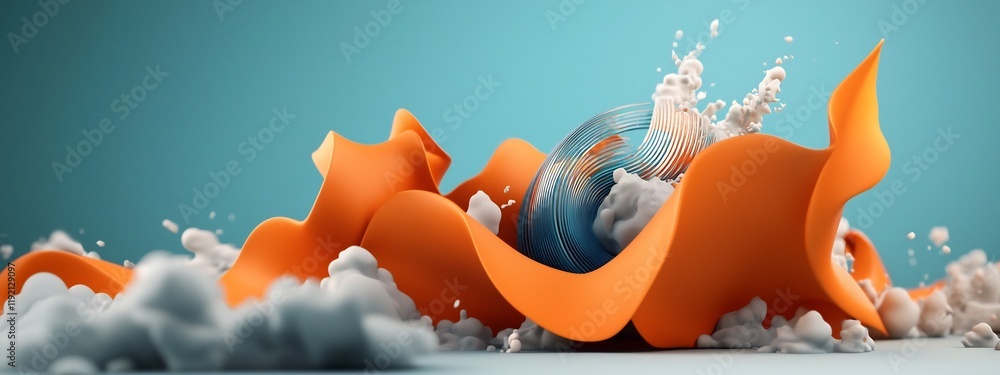 Poster an abstract 3d rendered animation depicting a wave packet undergoing interference and producing intr
