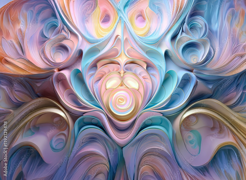 Poster abstract pastel artwork featuring swirling, layered forms creating a symmetrical, almost floral desi