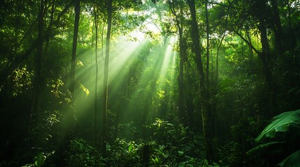 Sunbeams pierce through dense rainforest canopy, illuminating lush green foliage and trees.