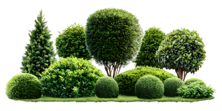 Set of lush topiary trees and vibrant green shrubs (boxwood, laurel, and cypress) in a compact garden arrangement. Isolated on a transparent background with a clipping path