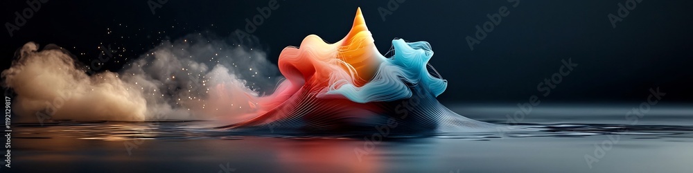 Poster a 3d rendered animation depicting a wave packet undergoing reflection and producing complex interfer