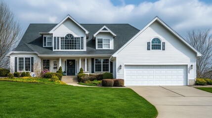 Suburban Dream Home:  A Stunning White Two-Story House with Lush Green Lawn
