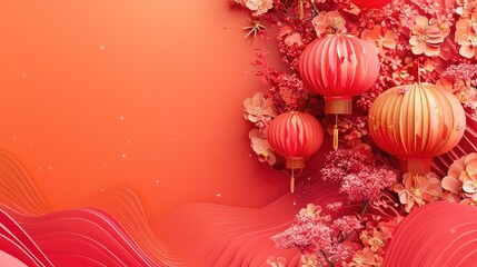 Festive Chinese lanterns and blossoms; celebratory background