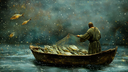 Peter harvesting a large catch of fish