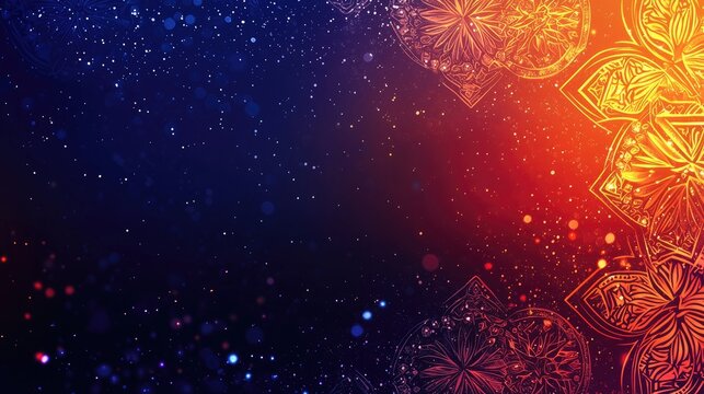 Festive Mandala Design, Blue-Orange Gradient Background, Sparkling Dust