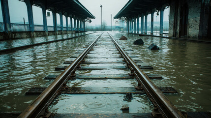 Awaiting Departure: Train tracks submerged beneath a murky, shallow pool of water, reflecting the overcast sky and a sense of anticipation and uncertainty.