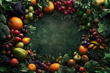 An artistic design where fruits and vegetables are scattered around a central space, leaving room for text or a message.
