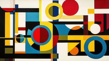 Geometric Symphony: A vibrant abstract artwork featuring bold geometric shapes, dynamic color blocking, and overlapping circles in a striking composition. The artwork's interplay of red, yellow, blue.