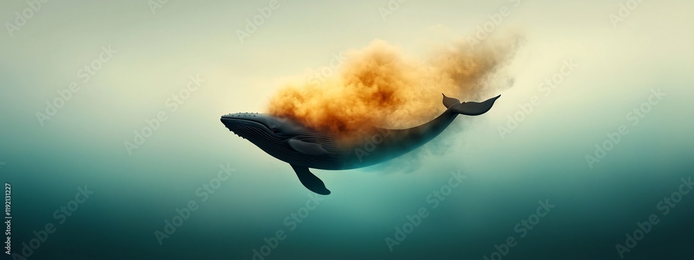 Poster digital of a surreal fantastical scene depicting a whale like creature exploding in a vibrant fiery 