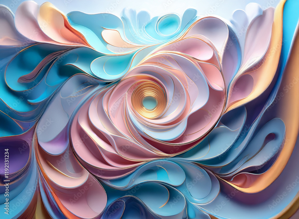 Poster abstract swirling pastel paper shapes create a mesmerizing vortex against a bright background. the l