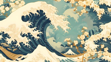 Traditional Japanese wallpaper pattern featuring waves and elegant motifs, providing a sense of oriental grace.