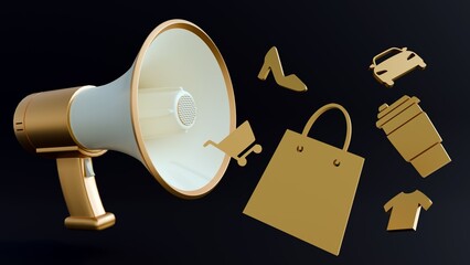 A 3D rendering of a megaphone surrounded by various stylized icons representing different types of purchases or consumer goods.