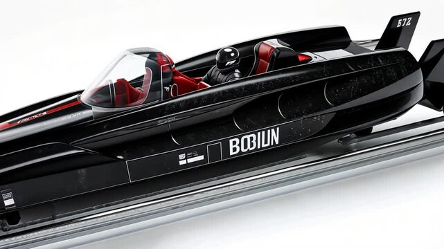 Futuristic black bobsled with two racers on a track.