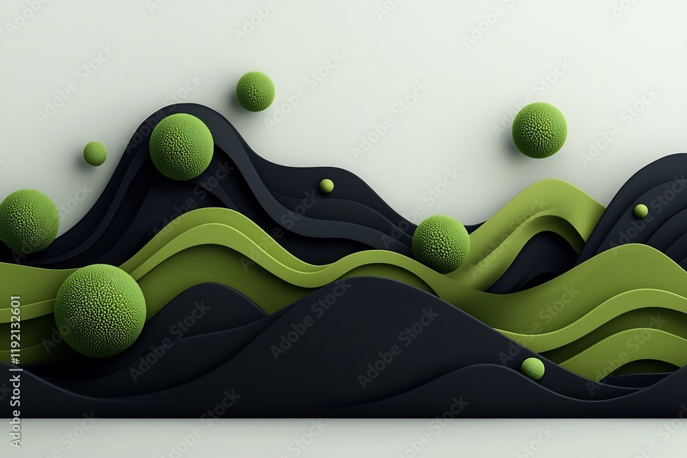 Poster transcendent spherical formations over towering wave like mountain ranges in a foreboding 3d rendere