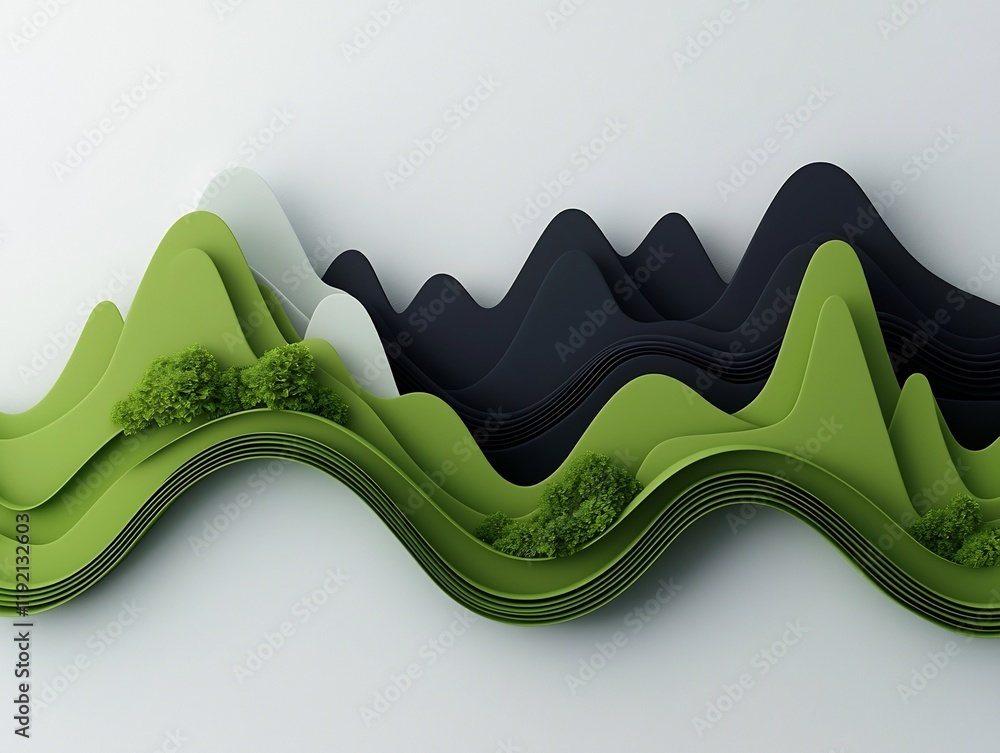 Poster transcendent void accentuated by radiant green linear structures in mountainous landscape with mesme