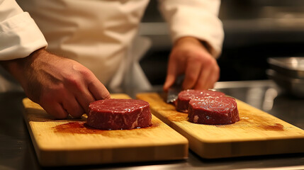 Preparing raw meat on wooden cutting boards, chef demonstrates proper food handling techniques. focus is on hygiene and cross contamination prevention in kitchen