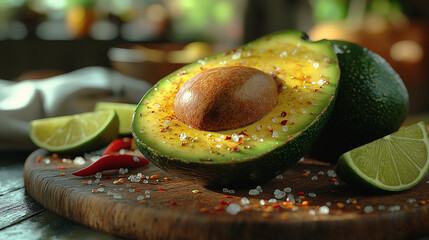 avocado on a plate, Avocado, Fresh Sliced Avocado with Lime, Chili, and Sea Salt