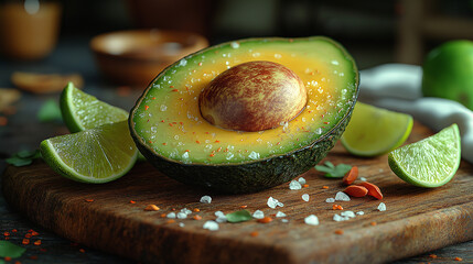 avocado on a plate, Avocado, Fresh Sliced Avocado with Lime, Chili, and Sea Salt