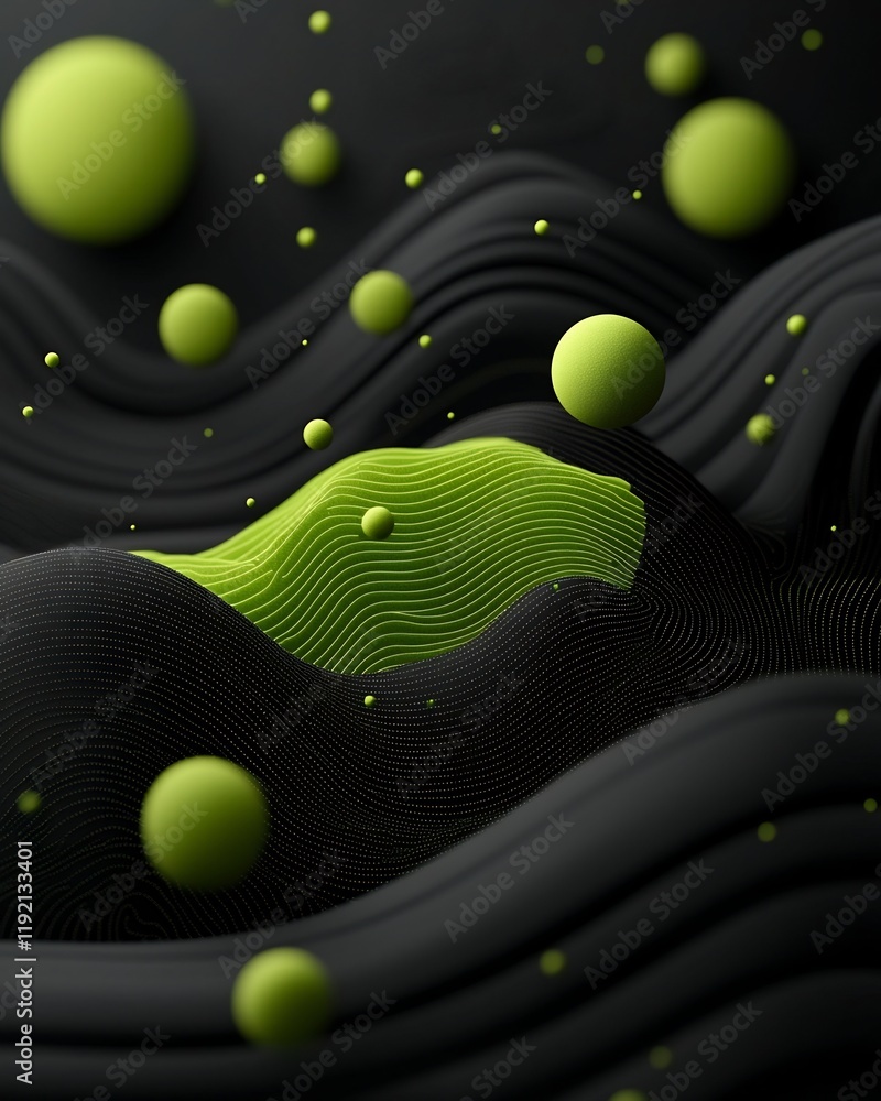 Poster enigmatic oscillating formations constructing hilly terrain in surreal digital 3d