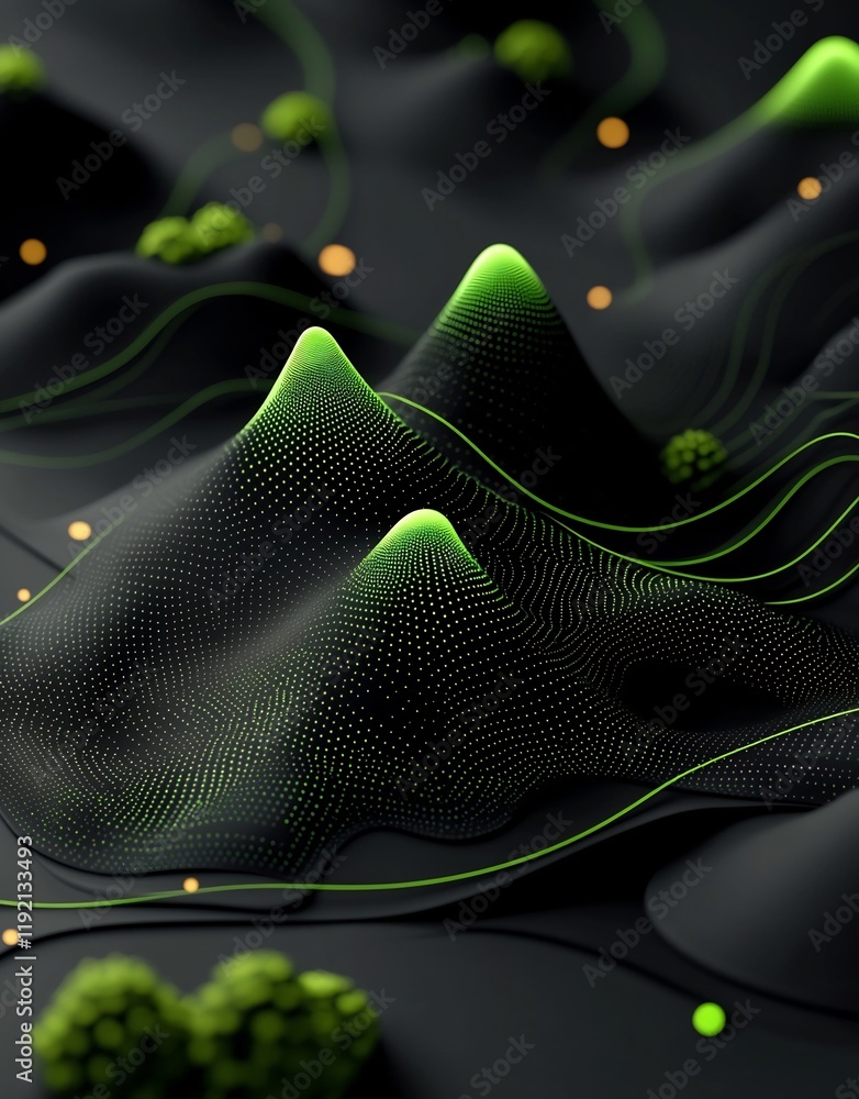 Poster captivating abstract landscape with pulsating green dot and line patterns
