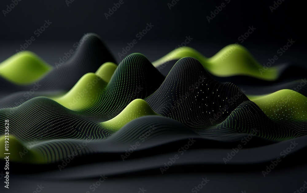 Poster moody digital landscape with pulsating green patterns and contoured mountainous outcrops