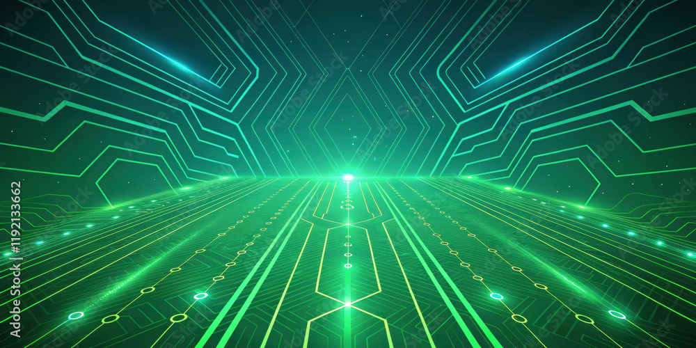 Poster a futuristic digital landscape featuring glowing green lines and circuits, creating a sense of depth