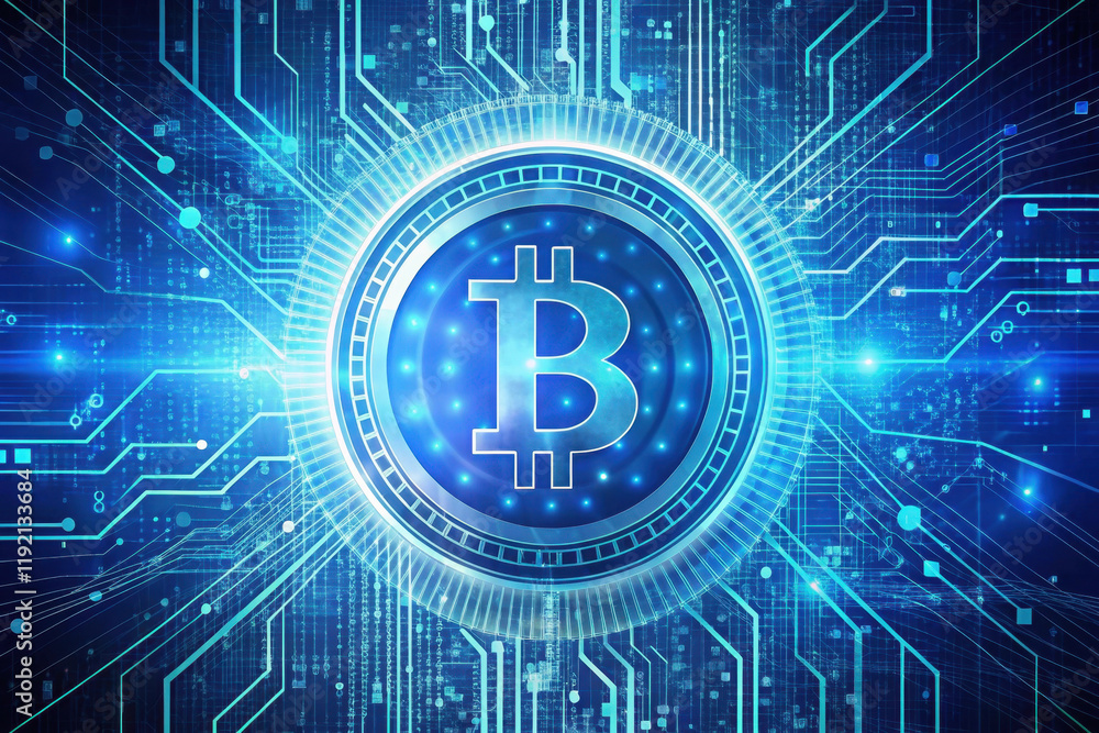 Poster a vibrant digital representation of a bitcoin symbol surrounded by intricate circuitry and glowing b