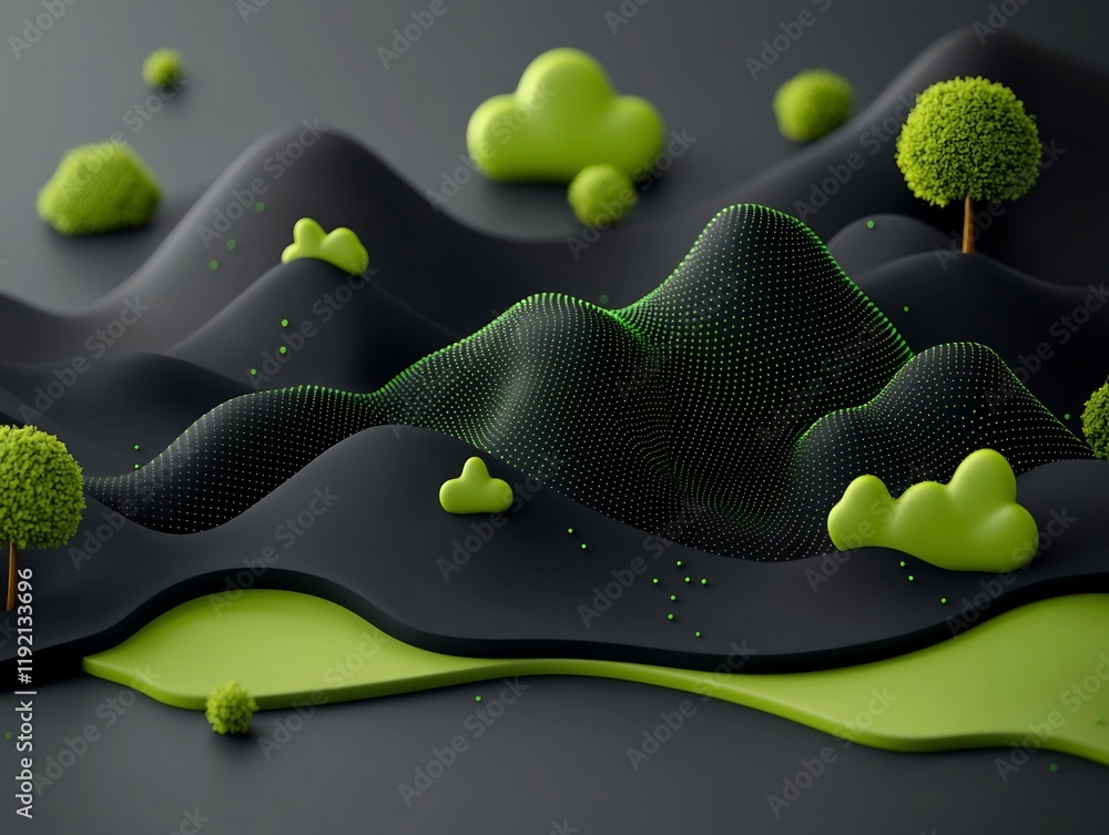 Poster ominous backdrop with pulsating green patterns contouring hill like forms in a 3d render