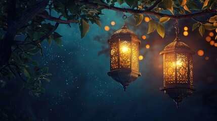 Illuminated lanterns hanging from a tree branch at night, starry sky background; perfect for Ramadan or festive celebrations