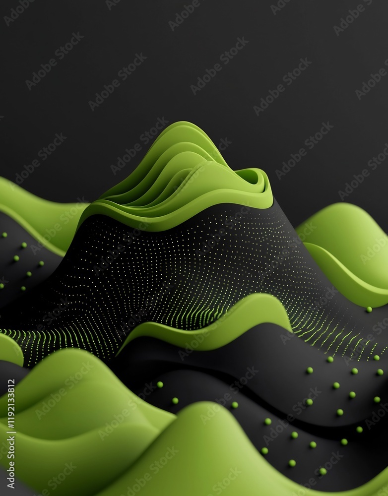 Poster pulsating green dot and line patterns on eerie black 3d render
