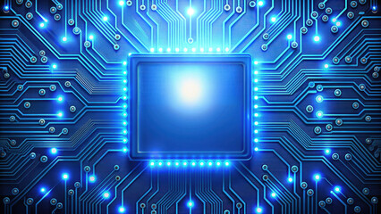 Fototapeta premium A glowing microchip surrounded by intricate blue circuitry, illustrating advanced technology and digital innovation.