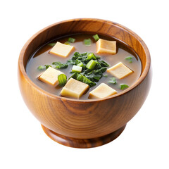 Japanese miso soup in wooden bowl isolated on transparent background