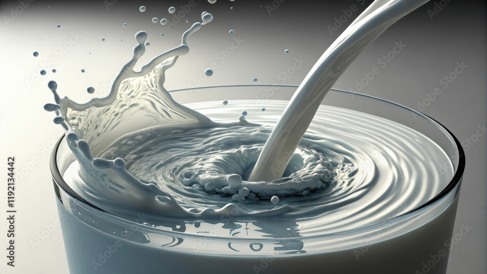 Poster a glass of milk being poured, creating splashes and ripples in the smooth surface, emphasizing fresh