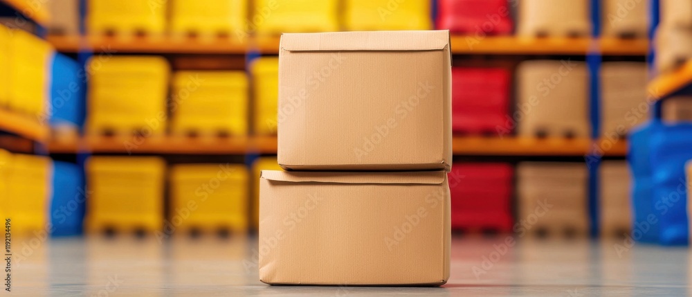 Poster a focused view of stacked cardboard boxes in a colorful storage facility, showcasing a neat arrangem
