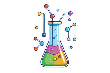 Science themed illustration of a laboratory beaker with bubbling liquids and molecules, representing research and experimentation