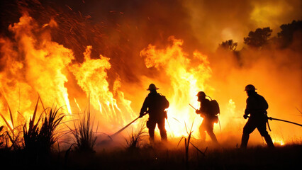 Obraz premium Firefighters battle a raging blaze at night, silhouetted against towering flames in a dramatic scene of bravery and danger.