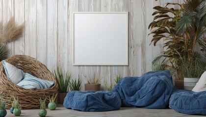 Eclectic living area with ivory poster frame, rattan furniture in indigo, scattered air plants, driftwood wall panels.