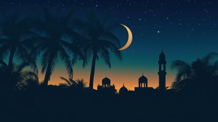 Silhouette of Palm Trees and Mosque Under Crescent Moon Night Sky