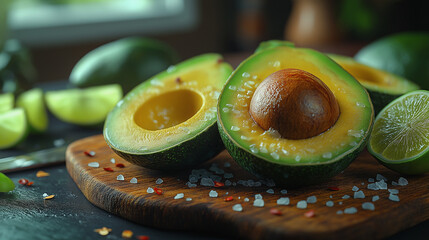 avocado on a plate, Avocado, Fresh Sliced Avocado with Lime, Chili, and Sea Salt