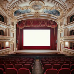 Concert hall of the theater with red new chairs. The interior of the hall in the theater or cinema view of the stage with white monitor
