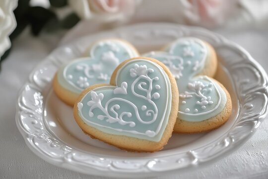 Heart-shaped cookies with intricate blue icing display elegance and charm, Valentines Day concept