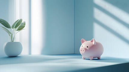 cute pink piggy bank placed on smooth blue surface, surrounded by soft light and green plant, evokes sense of savings and financial planning