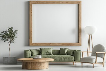 Green sofa, wooden frame mockup, and minimalist table create a serene lounge space.