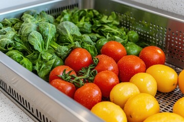 A vibrant assortment of fresh tomatoes, lemons, and leafy greens arranged in a stainless steel container on a countertop.