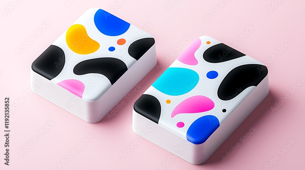 Poster two white boxes with abstract colorful patterns on a pink background.