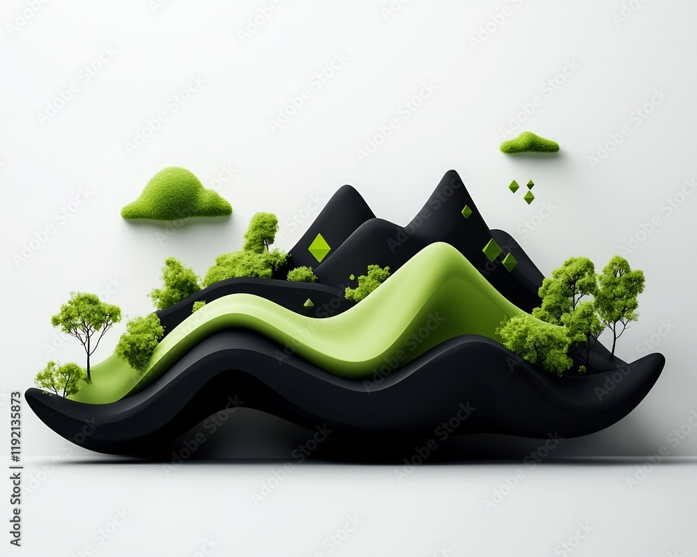 Poster transcendent geometric mountainscape with shimmering void in pristine 3d rendering