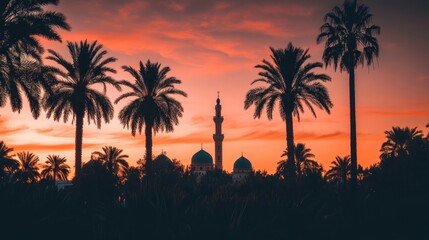 Obraz premium Serene Twilight View of Mosques with Silhouettes and Palm Trees