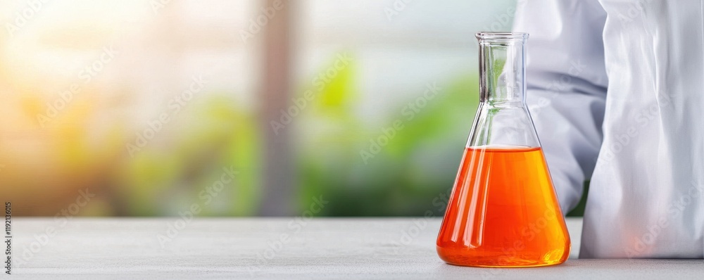 Poster a lab flask with orange liquid sits on a table, with a scientist's white coat partially visible in a
