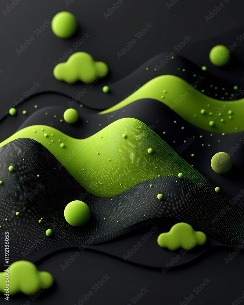 Poster moody oscillating green formations constructing hilly terrain in dark 3d