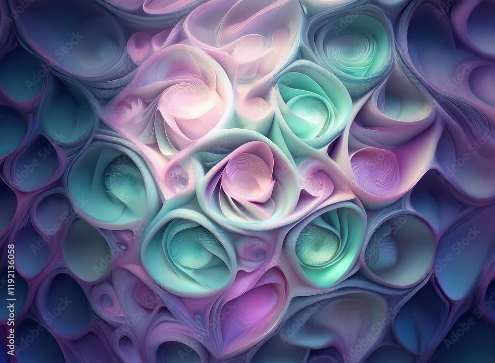 Poster abstract artwork featuring a mesmerizing array of pastel-colored rolled paper forms against a dark b
